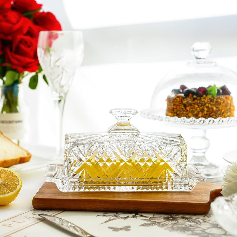 Crystal Covered Butter Dish,8inch Classic Glass 2-Piece Design Butter Keeper