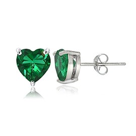 Sterling Silver Created Emerald 6mm Heart Stud Earrings