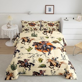 Western Cowboys Horses Bedding Comforter Sets Queen,Retro Farmhouse Style Tropical Cactus Plants Bedding Set for Bedroom Decor,Hand Draw Mountain Sun with 1 Comforter and 2 Pillow Cases Bedroom Decor