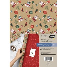 Geschenkpapier Set Weihnachten: Modernes Ornamente-Muster: 4x doppelseitige Einzelbögen + 4x Geschenkanhänger