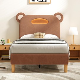 VECELO Twin Size Bed Frame with LED Light, Upholstered with Tall Bear Headboard, Strong Platform for Kids Girls, Wooden Slats Support, No Box Spring Needed, Brown