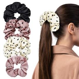 Yonchic 4 -Piece Luxury Satin Hair Scrunchies Set, Non-slip Gentle Elastic Hair Ties for Women Girls, Ponytail Holders Scrunchy for All Hair Types (Love Heart)