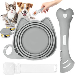 BAEJMJK Silicone Cat &Dog Food Can Cover Lid and Spoon With One Cat Strip Feeder 3Pcs Pet Cat Supplies Set Cute Shape Cats Wet Food Spoon(Opener/Spatula) Universal Can Cover（Grey）