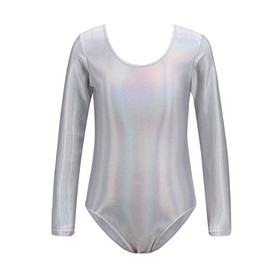 PythJooh Girls Gymnastic Leotards Kids Long Sleeve Metallic Sparkle Athletic Dancewear Gymnastic Leotards for 3-14Years Silver