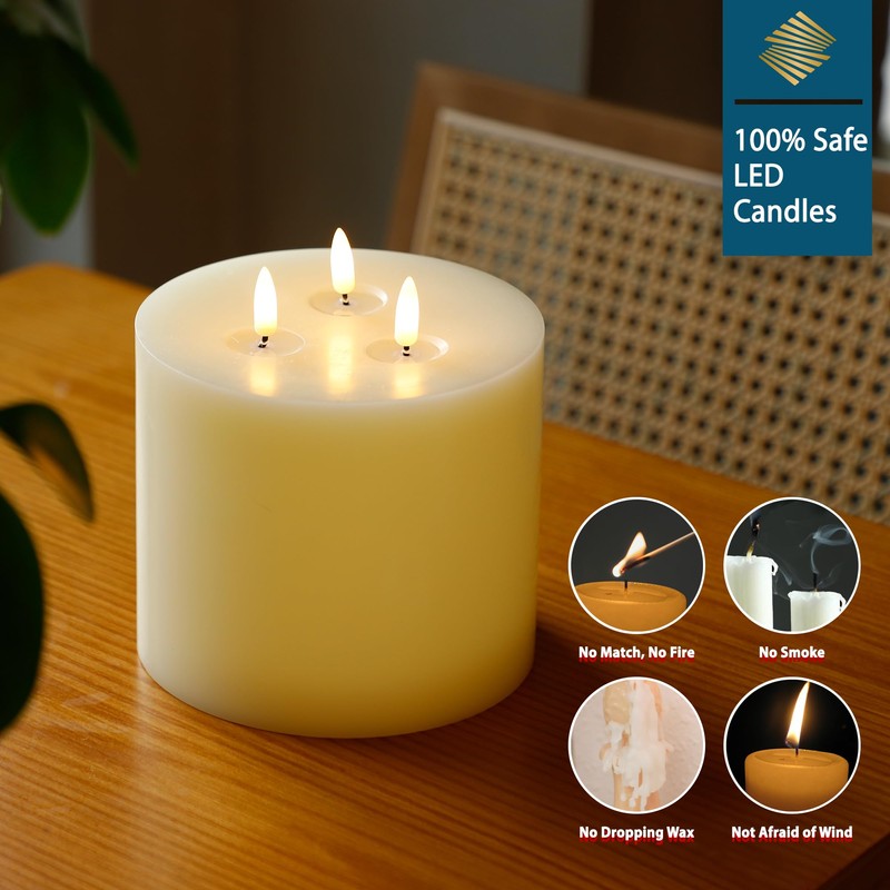 SEHNSY 3 Wick Extra Large Flameless Candles, 6"x6" Flat Battery