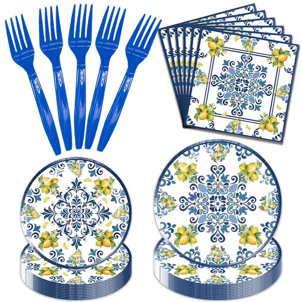 96Pack Capri Lemon Paper Plates and Napkins Sets, Party Decorations