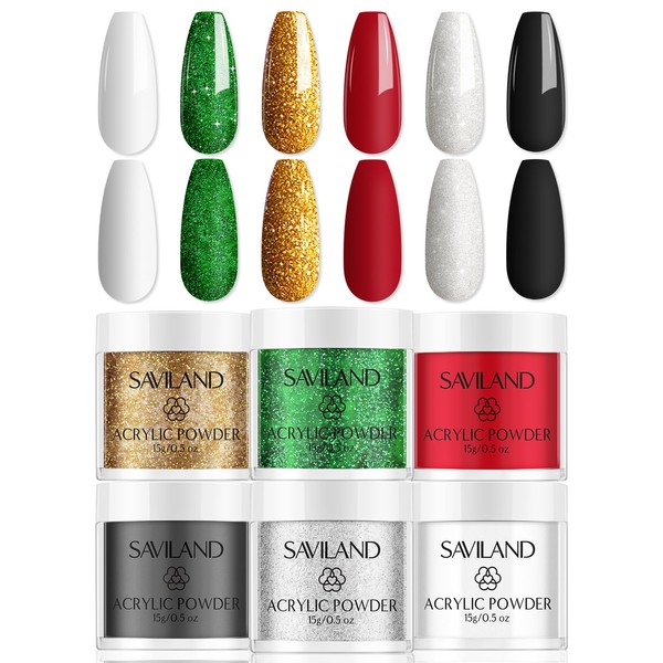 Saviland Kit de Poudres Acryliques Noël, 6PCS Poudres Acryliques Tres Fin en Blanc/Noir/Rouge/Or/Argent, Vernis Poudre Ongle pour Extension l'Ongle