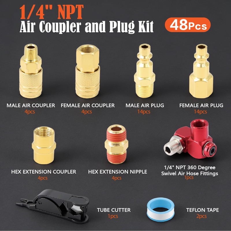 1/4" NPT Air Coupler and Plug Kit,48-Piece Industrial Quick Connect