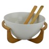 Threestar Whiteware Ceramic Salad Bowl on Bamboo Stand