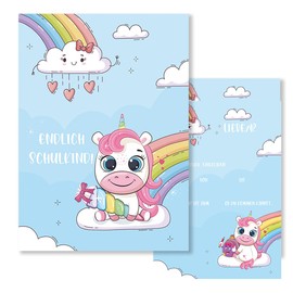 Klasse 10 x First Day of School Invitation Cards Invitation Children Girls Unicorn Rainbow 10 x 15 cm Party Children Back to School First Grader School Child First Day of School