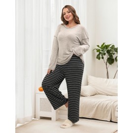 Blooming Jelly Womens Plus Size Pajamas Sets Cute 2 Piece Lounge Set Color Block Matching Fall Pjs Loungewear Pockets (XL,Apricot-Black stripes)