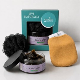 8 Oz Moroccan Black Soap -Luscious Lavender Scent with Added Argan Oil Plus Kessa Exfoliating Glove - Producto Original de Alta Calidad, Entrega Rápid
