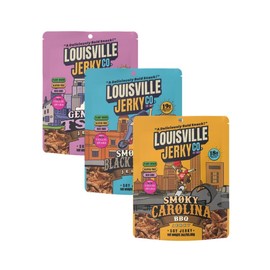 Louisville Jerky Co. Vegan Jerky Variety Pack, Plant Based Protein Snack, (3 Ounce, 3-Pack) – Smoky Carolina BBQ, Smoked Black Pepper, General Tso