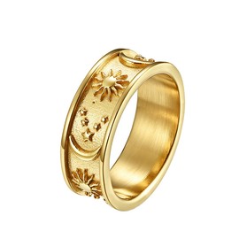 HIJONES Stainless Steel Moon Sun Star Statement Ring for Men and Women 8mm Wedding Band Style Gold Size U
