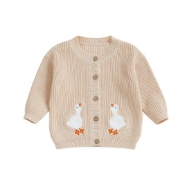 Toddler Baby Button Down Knit Sweater Crewneck Animal Cardigan for Infant Boy Girl (Goose&Apricot,12 Months)