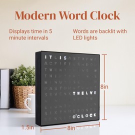 Stiles Word Clock, 8" by 8" Modern LED Desk Clock with USB Cable, Aluminum, Unique with Words, Contemporary, Living Room, Bedroom, Home, or Office Lightup Decor, Gift Item, Gray