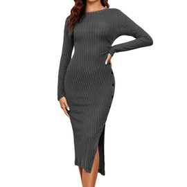 Famulily Midi Dresses for Women Ribbed Knit Long Sleeve Crewneck Solid Buttons Side Split One-Piece Bodycon Dress for Autumn Gray S