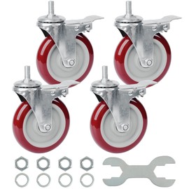 Finnhomy Swivel Caster Wheels 5 Inch Threaded Stem Casters Set of 4 Heavy Duty 1/2"-13 x 1 with Brake Polyurethane Industrial Locking Castors Wheels for Cart/Furniture 2200 Lbs Smooth Casters, Red