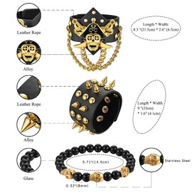 Aroncent 3Pcs Gothic Skull Spiked Chain Charm Leather Beads Bracelets for Men Birthday Gift,Black,Gold