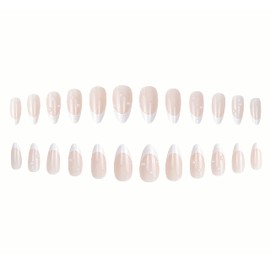 MERVF Almond Press on Nails Medium White French Tip Fake Nails Nude Stiletto Acrylic Nails Glossy 24pcs False Nails with Pearls Designs for Women and Girls
