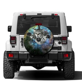 Delerain Spare Tire Cover with Backup Camera Hole Starry Sky Cat Wheel Covers Waterproof Dust-Proof UV Sun Universal Fit for Jeep Trailer RV SUV Truck (17 Inch for Diameter 31"-33")