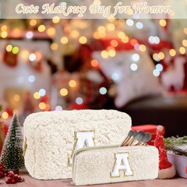 YOOLIFE Cosmetic Travel Bag, Initial Makeup Bag Pouch Preppy Makeup Bag, Girl Birthday Gift Teen Gifts for Girls, Sister Gifts Girlfriend Gifts Bridesmaid Gifts Friendship Gifts for Her Women White L