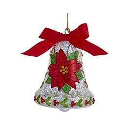 Kurt Adler T2854 Bell with Poinsettia Design Ornament, 4-inch High, Glass