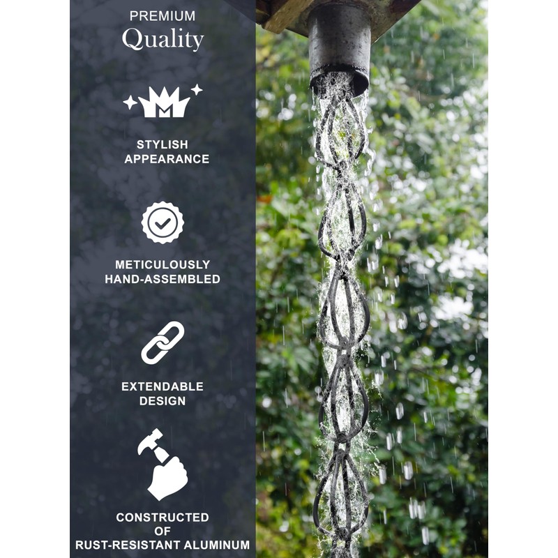 Monarch Rain Chains Aluminum Teardrop Black Rain Chains for Gutters