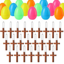 24Pcs Fillers Easter Eggs with Wooden Cross Keychain Hanging Favors，Easter Basket Stuffers Essentials Christian Gift for Teen Adult