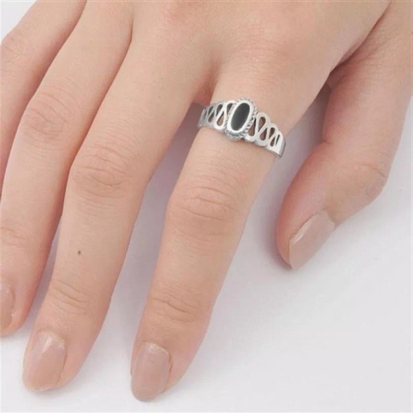 Silver Line Oval Ring Genuine Solid Sterling Silver 925 Black