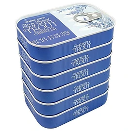 Trader Joe's Smoked Trout Fillets in Oil Skinless 3.9 oz Tin, (6 Pack)