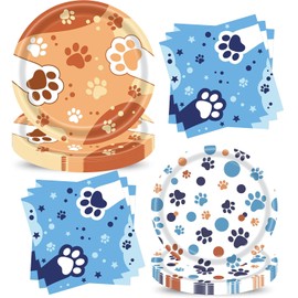 40 Pcs Blue Dog Birthday Party Supplies Cartoon Blue Orange Paw Shaped Plates and Napkins Disposable Puppy Party Tableware Set For Kids Birthday Baby Shower, Serve 10