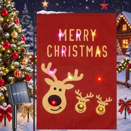 Christmas Garden Flag with Lights, Christmas Elk Winter Yard Banner Vertical Double Sided Solar Flags for Xmas Outdoor Yard Porch Lawn Garden Decoration, 12 x 18 Inch