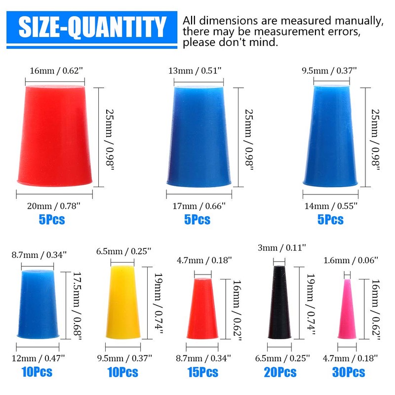 Glarks 100Pcs Silicone Rubber Tapered Plug Assortment Kit for Masking