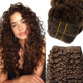 Sew in Hair Extensions Real Human Hair, Hand Tied Human Hair Weft Extensions 18 Inch Chocolate Brown Double Weft Full Head Curly Human Hair Weaves Bundles 100G Hair Weft Weave Hair Extensions