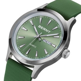 BERNY Quartz Watch for Men Miyota 2105 Movement Fashion Sports Wirstwatch 3ATM Waterproof Day Date Colorful Dials Quick Release Silicone Watch Band(Green)