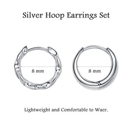Silver Hoops Earrings for Women, 2 Pairs White Gold Chunky Twist Cartilage Huggie Hoop Earrings Set, Hypoallergenic Sterling Silver Post Small Sleeper Earring for Girls Men Gifts, 8mm