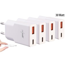 revolt Gan Power Supply: Set of 4 Ultra Compact USB A/C Power Supplies, Power Delivery 30 Watt, White (Travel Power Supply, Wall Chargers)
