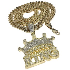 Crown King Hip Hop Pendant Chain Blinged Out Charm Gold Finish Heavy Necklace 30" Cuban Links