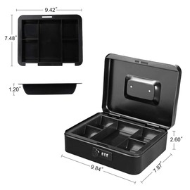 Cash Box with Money Tray, Parrency Large Money Box with Combination Lock, 9.8 x 7.9 x 3.5 inches, Black