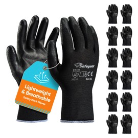 SAFEYEAR 12 Pairs Black PU Coated Safety Work Protective Gloves,lightweight and breathable for General Handling Work,Gardening,Builders,DIY,Delivery,warehouse, Mechanic Men & Women Lady(Black xl)