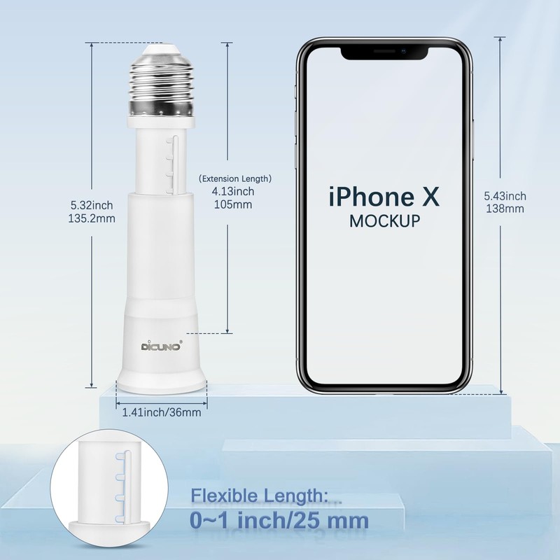 DiCUNO E26 Light Socket Extender, Adjustable 3.15-4.13 Inch Extension, 4-Level