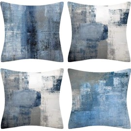 QUALKNOY Set of 4 Velvet Cushion Covers 45x45 cm Navy Blue Gray Abstract Art Modern Decorative Throw Pillow Cases 18"x18" for Living Room Sofa Garden Outdoor Courtyard Home Decor Pillowcases