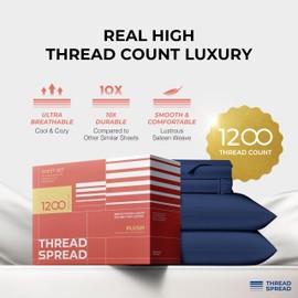 THREAD SPREAD 100% Egyptian Cotton Sheets California King Size - 1200 Thread Count 4 PC Cal King Sheets Egyptian Cotton, Cooling Sateen Sheets, High Thread Count Sheets California King - Navy Blue