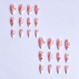 24 Pcs French Tip Press on Nails Medium Almond Fake Nails Red Flower False Nails with Rhinestones Design Spring Artificial Nails Full Cover Stick on Nails Glossy French Acrylic Nails for Women