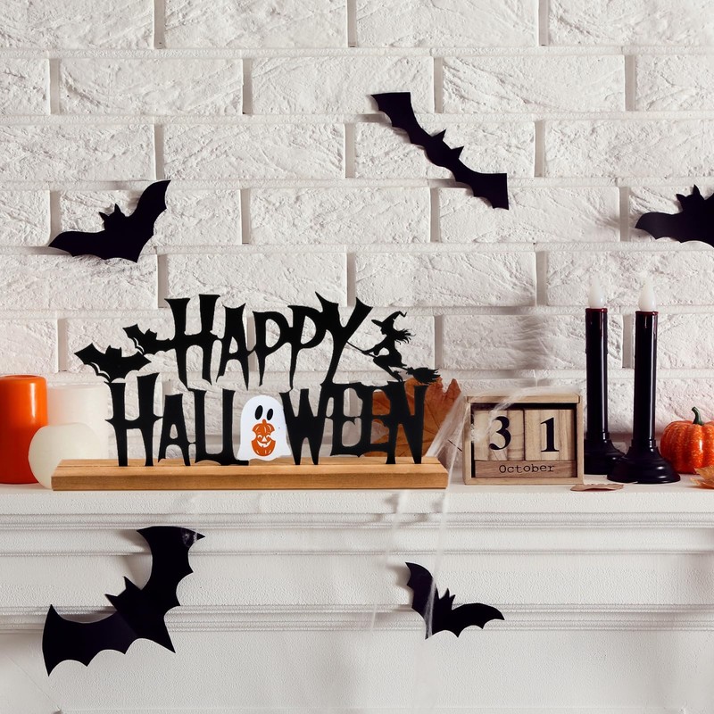 Metal Happy Halloween Sign Halloween Table Decor with Wooden Base
