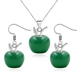 JunyiDIY 3D Green Aventurine Apple Pendant Necklace Earrings Set | Stylish Apple-Shaped Jewelry Teacher Appreciation Gift for Mentor Coach or Principal