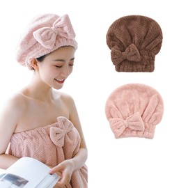 ALLMIRA Towel Cap, Set of 2, Hair Cap, Adult, Water Absorbent, Quick Drying, Hair Drying, Hahoniko, Bath, Bowknot, Hair Towel, Cute, Thick, Hair Dry Cap, Cap Towel, Women's (Pink + Brown)