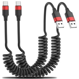 Cable USB C en espiral para automóvil, paquete de 2 cables en espiral tipo C, cable en espiral USB a USBC, cable de carga USB C para iPhone 17 16 15, 
