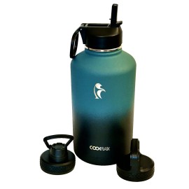 Coolflask 64oz Water Bottle Half Gallon Samurai Cyan with 3 different tops.